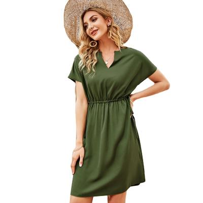 China Ladies Office Dress Solid Color Breathable Basic V-neck Belted Short Sleeve Slim Party Dress for sale