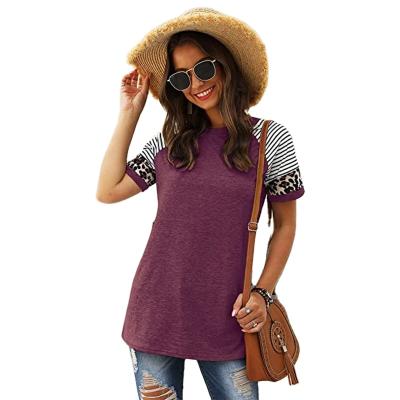 China Women's Summer Breathable Casual Short Sleeve Round Neck Color Block Striped T-Shirt With Leopard for sale