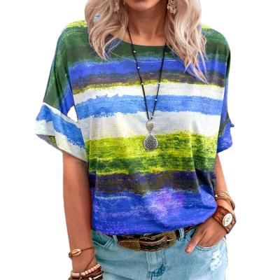 China Breathable Summer Women's Casual Rainbow Gradient Color Shorts Sleeve T-Shirt for sale