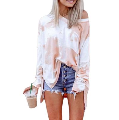 China QUICK DRY Women's Gradient Tie Dye Printed Fashion Top Casual Slit Long Sleeve T-Shirt for sale