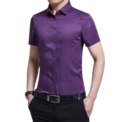 China New Non Iron Mens Cloth Shorts Solid Formal Fashionable Elastic Sleeve Button 5XL Anti-Shrink Processing Slim Fit Embroider Business Shirt for sale