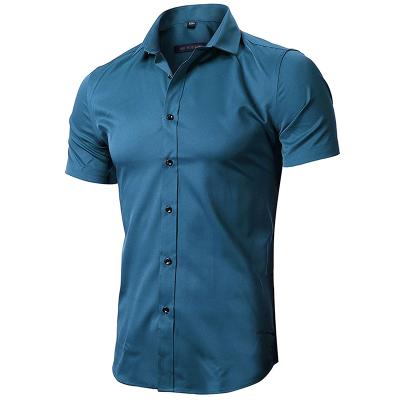 China Men's Anti-Shrink Non-Iron Treatment Slim Fit Short Sleeve Solid Button Elastic Cloth Business Shirt for sale