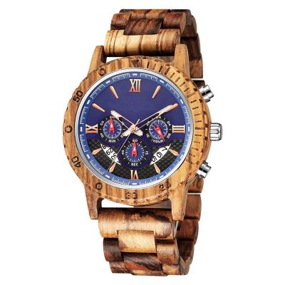 China Fashion Date Wood Watch Zebra Logo Watches Custom Made Luxury Wooden Chronograph Men's Watch for sale