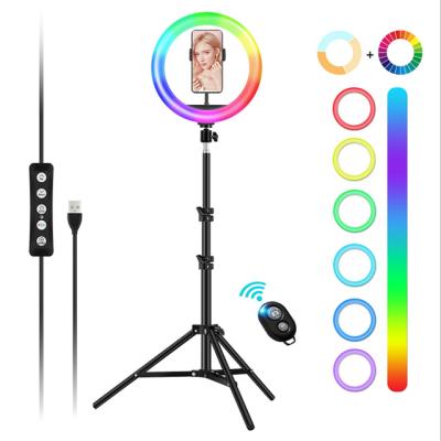 China Self Broadcasting / Remote Operation / YouTube / TikTok Live Video Streaming 12 Inch Curved RGB Outdoor Ring Light With Phone Holder USB RGBW Dimmable LED RGB Selfie Ring Light With Tripod Stand for sale