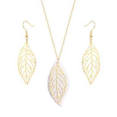 China CLASSIC Stainless Steel Leaf Set Personalized Simple Hollow Leaf Sweater Chain Necklace Earrings for sale