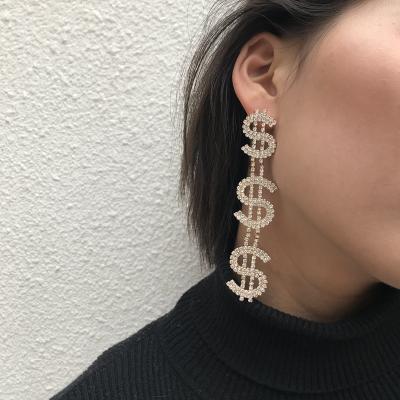 China TRENDY Rhinestone Dollar Shape Hanging Shiny Dangle Ear Ring Zircon Dollar Money Sign Earrings Woman Long for sale