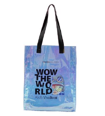 China Waterproof Custom Mini Holographic PVC Bags Transparent Tote Bags With Long Black Handle for sale