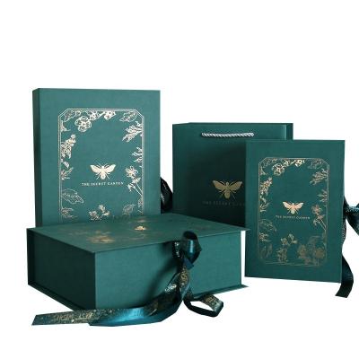 China Eco Friendly Wholesale Custom Skin Care Packaging Box Elegant Green Cosmetic Paper Gift Box With Ribbon for sale