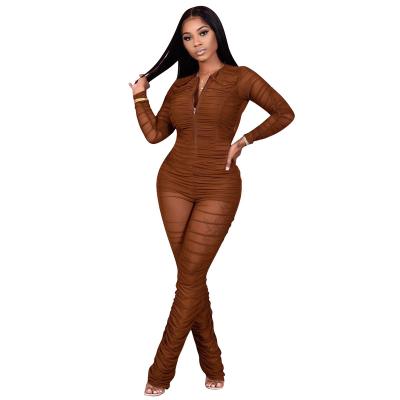 China Sexy Long Sleeve Jumpsuit See Through Deep V Neck Women Mesh One Piece Jumpsuit for sale