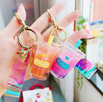 China 2021 Custom Acrylic Fruit Key Chain Cute Watermelon Kiwi Liquid Milk Tea Bottle Floating Key Chain for sale