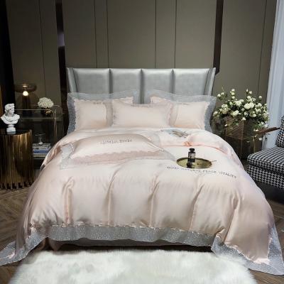 China OEM Nondisposable Modern Luxury 100% Cotton Lace Satin 4 Pieces Set Popular Discount Hotel Same Home Bedding Sets for sale