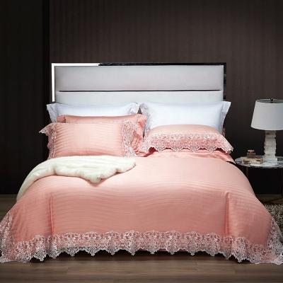 China Nondisposable Luxury High End 100% Cotton Duvet Cover Solid Color King Size 4 Piece Lace Jacquard Bedding Sets for sale