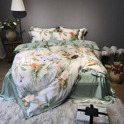 China Nondisposable Luxury Green Lyocell Fiber Home Textile Summer Beauty Double Size Leaves Print 4pcs Bedding Sets for sale