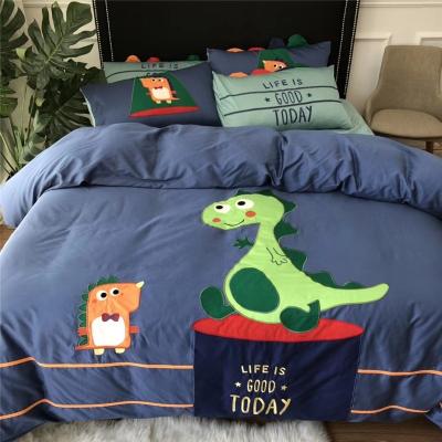 China Folded Blue 100% Cartoon Style Small Dinosaur Sateen American Cotton Comforter Bedding Set for sale