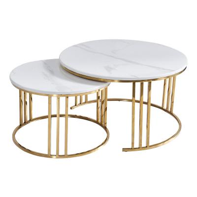 China Durable Simple Modern Fancy Style Design Stainless Steel Frame Living Room White Round Marble Coffee Table for sale