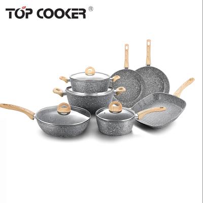 China 11PCS Sustainable Forged Alumminum Granite Coating Pots And Pans Cookware Sets With Wooden Handle for sale