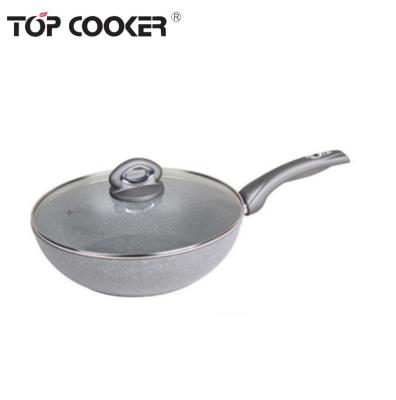 China New Design Viable Forged Aluminum Effect Marble Coating Chinese Wok Pan With Glass Lid for sale