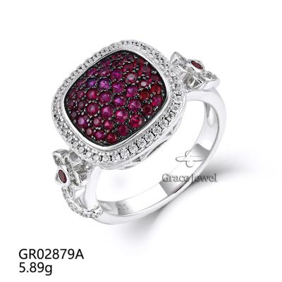 China TRENDY Grace Jewelry Luxurious Romantic Flower Shape Zircon Red Gemstone Ruby Sterling Silver Ladies Dainty Ring for sale