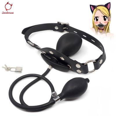 China Wholesale Inflatable Oral Sex Darkness Mouth Gag Black Leather Strap On Pump Gag Open Mouth Sex Oral Bondage Accessories for sale