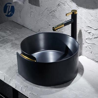 China Modern Custom Size Round Matte Black Color Wash Basin Ceramic Hand Sink Bathroom Vessel Sinks for sale