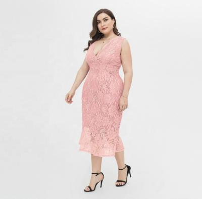 China Wholesale Anti-static Plus Size Elegant Mulberry Dresses Ladies Lace Pencil Waist Pink Dress for sale