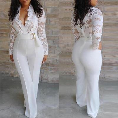 China Anti-pilling European and American plus size lace jumpsuit women lace up overalls ladies white jumpsuit for sale