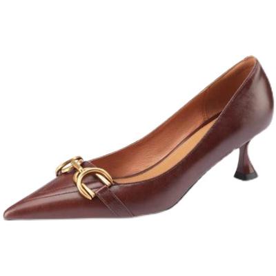 China Fashion trend metal decorations wine red women's style walking career LO heels fashionable stiletto pure color for ladies leather shoes for sale