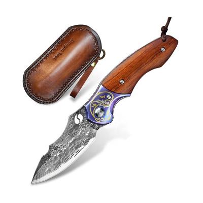 China Multi Functional Knife Survival Camping Particle Rosewood Handle Pocket Knives Damascus Folding Outdoor Tactical Knife With Leather Sheath for sale