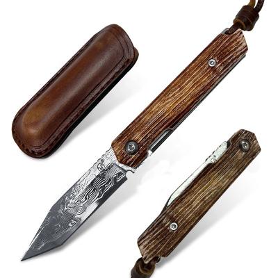 China Multi Functional Knife Selected Camel Bone Carving Old Bark Art Handle Damascus Steel Ball Bearing Retro Folding Knife for sale