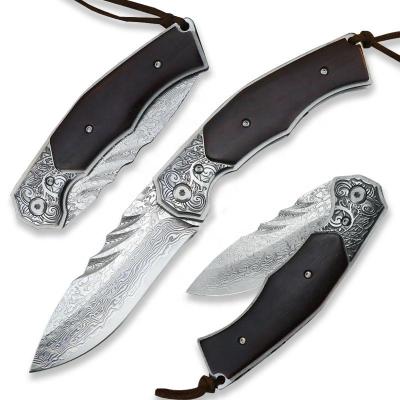 China High Quality Bolster 316 Ebony Wood Handle Folding Knife Engraved Damascus Steel Multi Functional Knife 73 Layers for sale