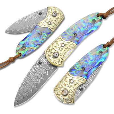 China High Quality Multi Functional Knife 73 Layers Engraved Brass Bolster Abalone Shell Handle Folding Knife for sale