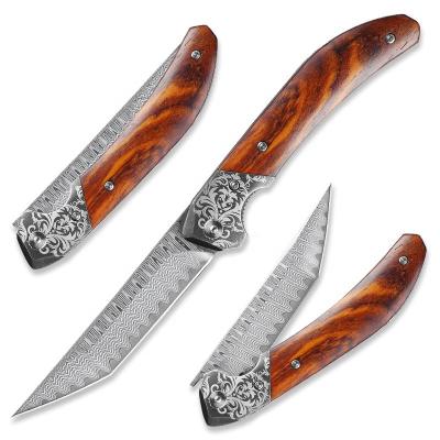 China High Quality Damascus Cocobolo Multi Functional Knife 73 Layers Folding Steel Wood Handle Knife for sale