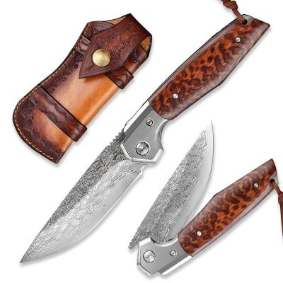 China High Quality Multi Functional Knife Damascus Steel Mirror 73 Layers Finished Bolster Snake Wood Handle Folding Knife for sale