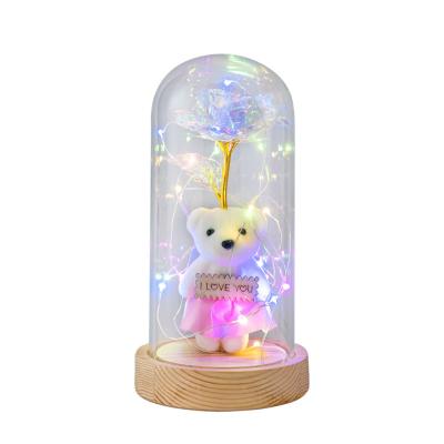 China Gold romantic flowers artificial valentine gifts rose rose and led lamp 24k gold foil bear in glass dome decorative flowers with lights for sale