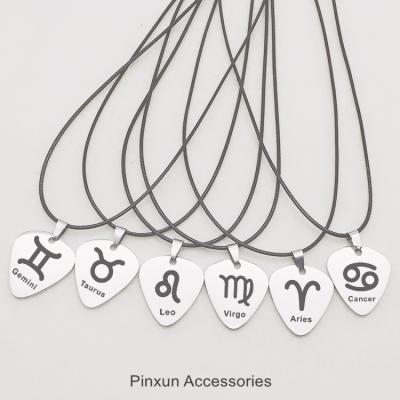 China Best Selling Trendy Stainless Steel Zodiac Necklace Lettering Guitar Plectrum PU Strand String Pendant Necklace for sale