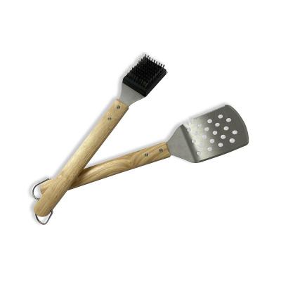 China Easily Cleaned 2 Pieces of Handle Stainless Steel Spatula BBQ Solid Wood Tool Kit with Cleaning Brush for sale