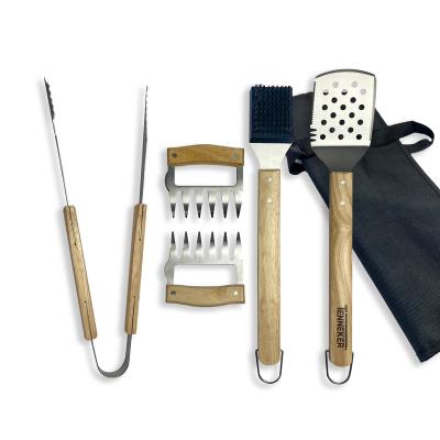 China 2022 Vendor 5 Pcs Easily Cleaned Hot Wooden BBQ Tools Storage Bag Stainless Steel Handle BBQ Set for sale