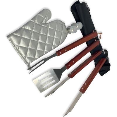 China Hot Seller Easily Cleaned On Amazon Fashion Grilling Utensils Handle Stainless Steel Wooden BBQ Set For Outdoor for sale