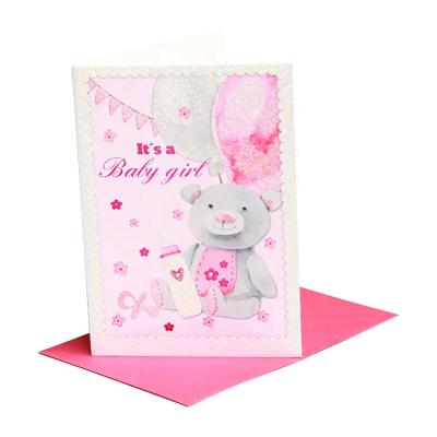 China 300gsm Baby Style Uncoated Paper Pink Bear Card Wholesale Baby Greeting Cards for sale