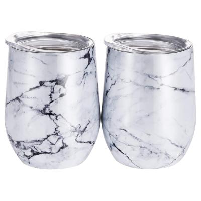 China 12oz Disposable Wine Tumbler With Stainless Steel Vacuum Lid Double Wall Wine Cup Stemless Marble Glass Travel Mug for sale