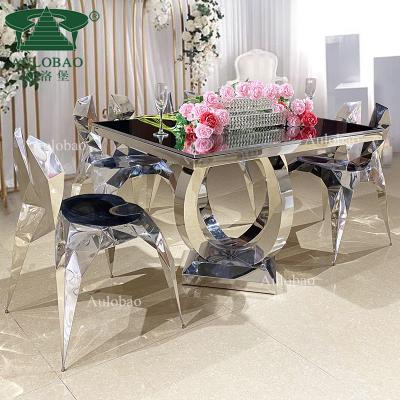 China Modern Design Event Furniture Unique Stainless Steel Mirror Glass Top Wedding Banquet Tables for sale