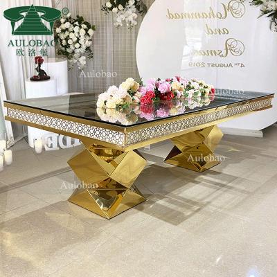 China LED light rectangle stainless steel frame mirror glass top led dining table luxury wedding for sale