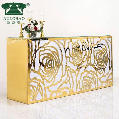 China Modern Rectangle Gold Metal Glass Top PVC Cry To Light Modern Reception Bar Counter for sale