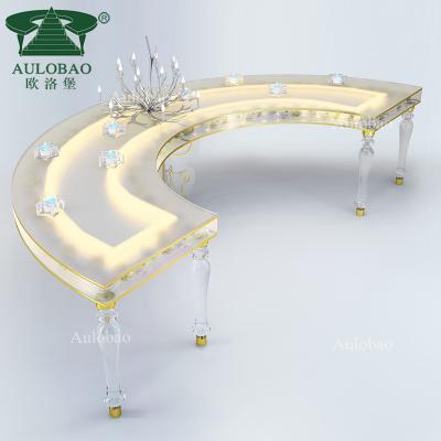 China Furniture Set Led Light Wedding Acrylic Flower Inside Half Moon Clear Acrylic Dining Table for sale