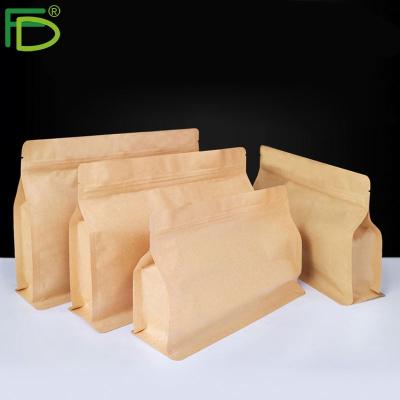 China Recyclable Flat Bottom Food Grade Brown Kraft Paper Bags With Handle For Food Packaging for sale