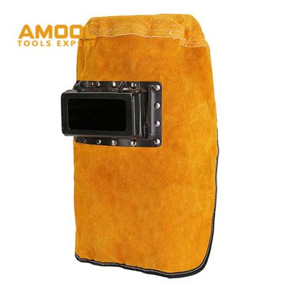 China Work Protective Welding Hood with Welder Protection Cowhide Yellow Head Mounted Leather Welding Hood for sale