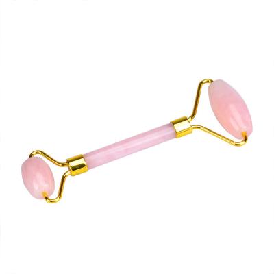 China Hot Selling Hand Held Head Gold Double Rose Quartz Face Gemstone Massage Jade Roller for sale