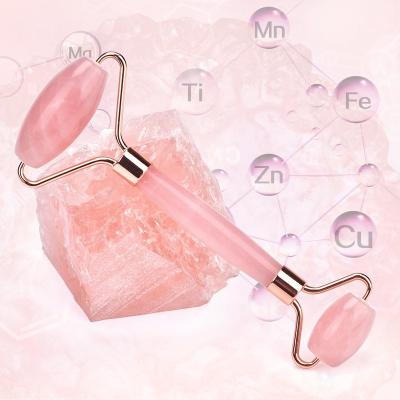 China Wholesale Original Advanced Luxury Jade Rough Stone Rose Quartz Massage Facial Roller Flower Handle Hand Held With Box Packing for sale