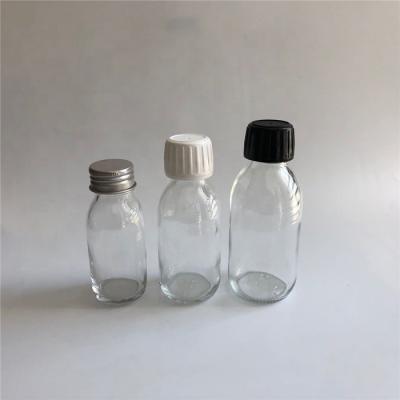 China 60ml 100ml 125ml 150ml Pharmaceutical Clear Flint Syrup Glass Alpha Syrup Bottle Amber Brown 28mm Aluminum Cap for sale