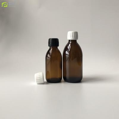 China 90/125/150/180ml Amber Glass Alpha Syrup Bottle 28mm Wadded Pharmaceutical White Black Tamper Evident Cap for sale